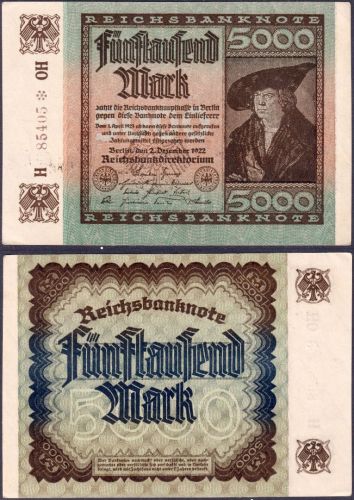 Reichsbanknote Fünftausend Mark 02.12.1922 P#81b Ro. 80b Wz. Gitter KN 5-stellig