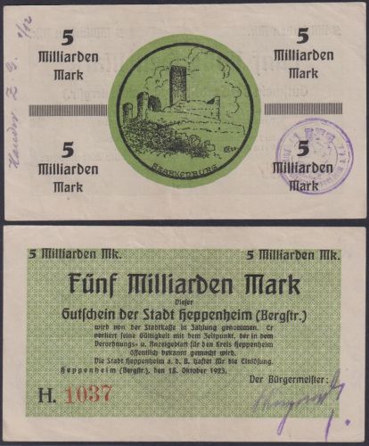 NOTGELD Heppenheim (Bergstraße) – 5 Milliarden Mark 18.10.1923