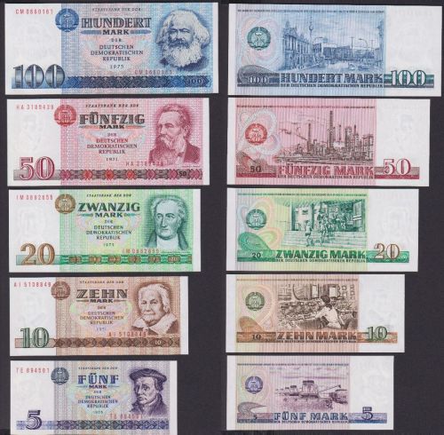 Banknoten 5 bis 100 Mark DDR 1971-1975 kassenfrisch UNC