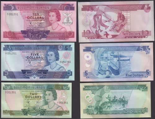 Banknoten 2, 5, 10 Dollars Solomon Islands ND (1977) AUNC, P. 5a / 6a / 7a