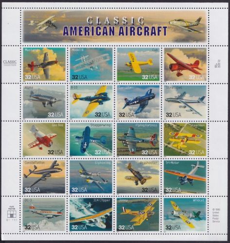 USA 2833-2852 postfrisch, Zusammendruck Bogen - Flugzeuge