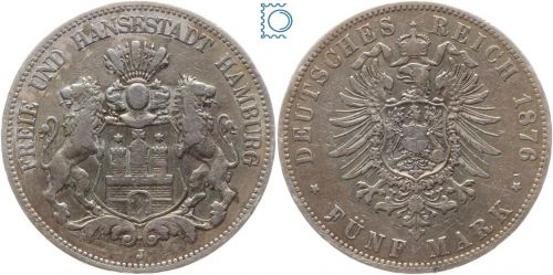 HAMBURG, 5 Mark 1876 J, Stadtwappen, Jäger 62, Silbermünze