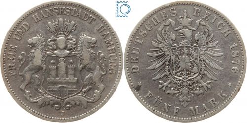 HAMBURG, 5 Mark 1876 J, Stadtwappen, Jäger 62, Silbermünze