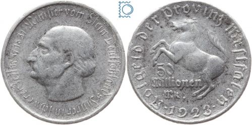 Notgeld Westfalen, 50 Millionen 1923, Minister von Stein, Alu, Jäger N26
