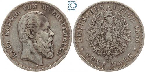 WÜRTTEMBERG, 5 Mark, König Karl, 1876 F, J.173