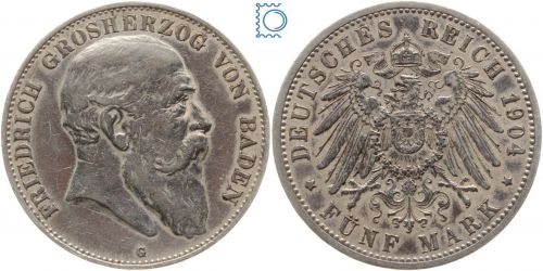 BADEN, 5 Mark 1904 G, Großherzog Friedrich, J.33, Silber