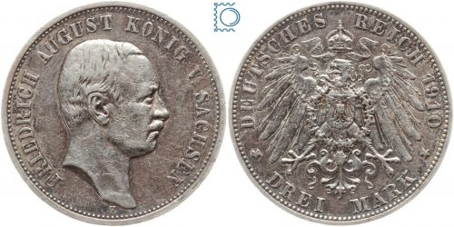 SACHSEN, 3 Mark 1910 E, König Friedrich August, Jg. 135, Patina