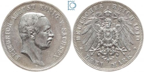 SACHSEN, 3 Mark 1910 E, König Friedrich August, Jg. 135, Patina