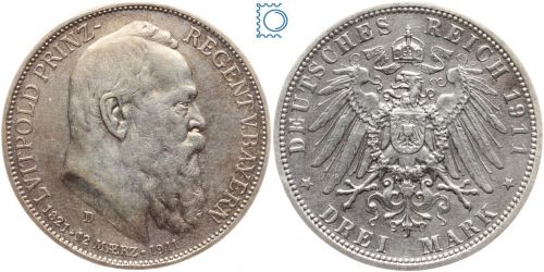 BAYERN, 3 Mark, Prinzregent Luitpold, 1911 D, J. 49, Silber