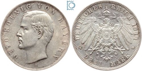 BADEN, 3 Mark 1911 G, Großherzog Friedrich II., J.39, Silber