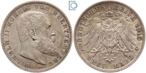 WÜRTTEMBERG, 3 Mark 1910 F, König Wilhelm II., Silber, J.175