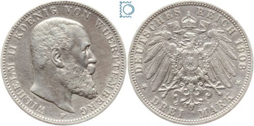 WÜRTTEMBERG, 3 Mark 1908 F, König Wilhelm II., Silber, J.175