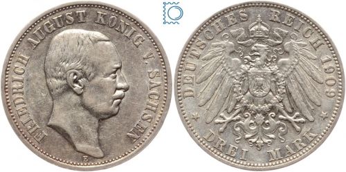 SACHSEN, 3 Mark 1909 E, König Friedrich August, Jg. 135, Patina