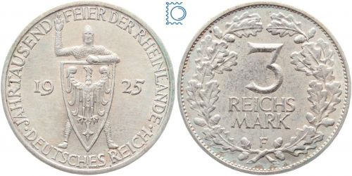 Weimar, 3 Reichsmark 1925 F | Jahrtausendfeier der Rheinlande | Jg. 321, Silber
