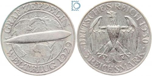 Weimar 3 Mark 1930 F | Graf Zeppelin Weltflug | J.342, Silber
