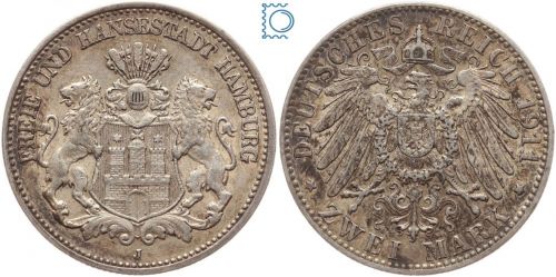HAMBURG Stadtwappen, 3 Mark 1911 J, Jg. 64, Patina!