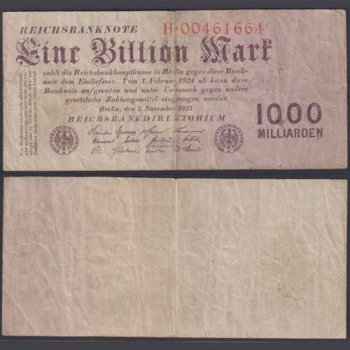 Deutsches Reich 1.11.1923 | Eine Billion Mark P129- Weimarer Republik Reichsbank