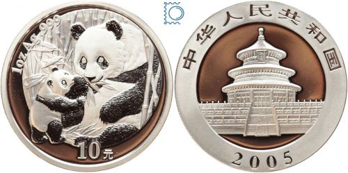 CHINA 2005 - 10 Yuan - Panda - 1 Unze Silber - stempelglanz