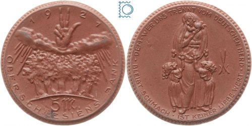 Oberschlesien 5 Mark 1921 | Oberschlesiens Dank Porzellanmünze Meissen