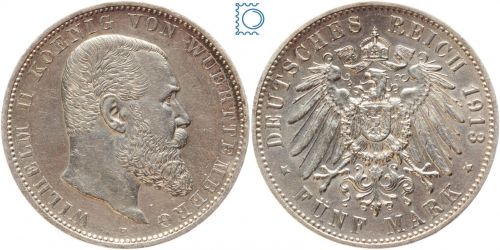 WÜRTTEMBERG, 5 Mark 1913 F, König Karl, J.176