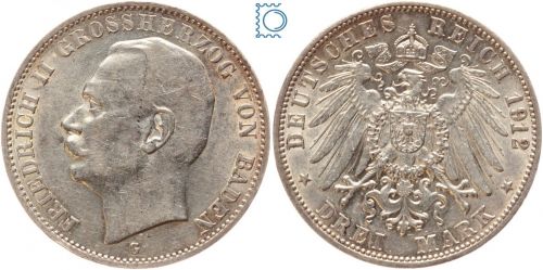 BADEN, 3 Mark 1912 G, Großherzog Friedrich II., J.39, Silber