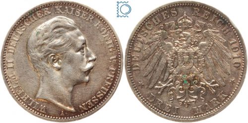 PREUSSEN, 3 Mark 1910 A, Wilhelm II., J.103, SILBER