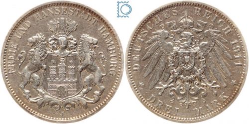HAMBURG Stadtwappen, 3 Mark 1911 J, Jg. 64, Silber
