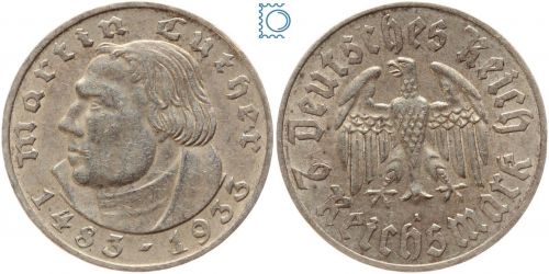 Deutsches Reich, 2 Mark 1933 A, Martin Luther, Jäger 352