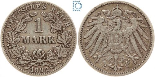 KAISERREICH, 1 Mark, 1892 F, Jg. 17, Silbermünze großer Adler