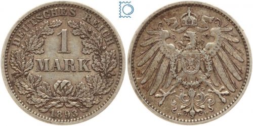 KAISERREICH, 1 Mark, 1893 F, Jg. 17, Silbermünze großer Adler