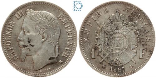 Frankreich 1 Franc 1867 K Bordeaux - Napoleon III. - Silber