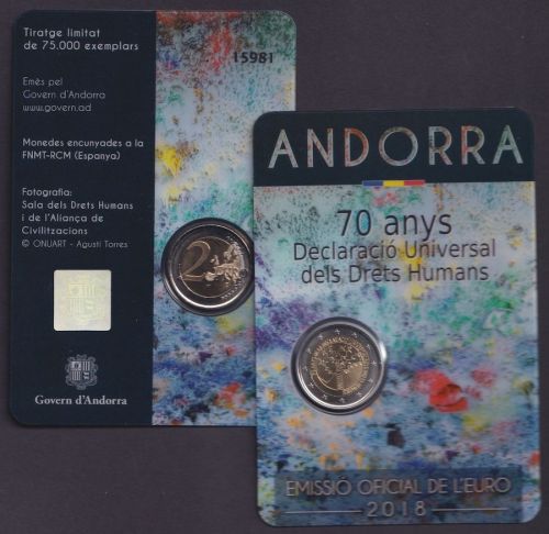 ANDORRA 2 Euro 2018 - 70 Jahre Menschenrechte - original OVP in Coincard