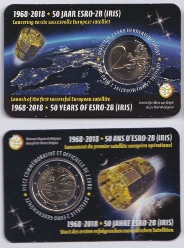 2 Euro Gedenkmünze Belgien 2018 - 50 Jahre Satellit ESRO-2B - Coincard flämisch (NL/ENG)