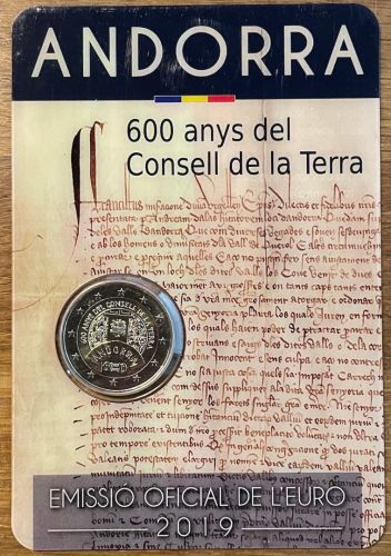 ANDORRA 2 Euro 2019 - 600. Jahrestag des Consell de la Terra - original OVP in Coincard