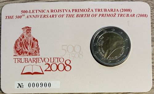 Slowenien 2 Euro 2008 - 500 Geb. Primoz Trubar - Coincard Nr. 900!