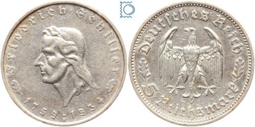 Deutsches Reich - 5 Mark 1934 F - Friedrich Schiller - Jäger 359