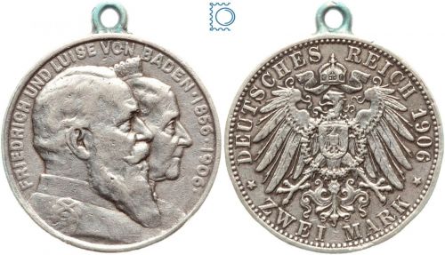 BADEN, 2 Mark 1906 G, Friedrich + Luise - Goldene Hochzeit - Anhänger