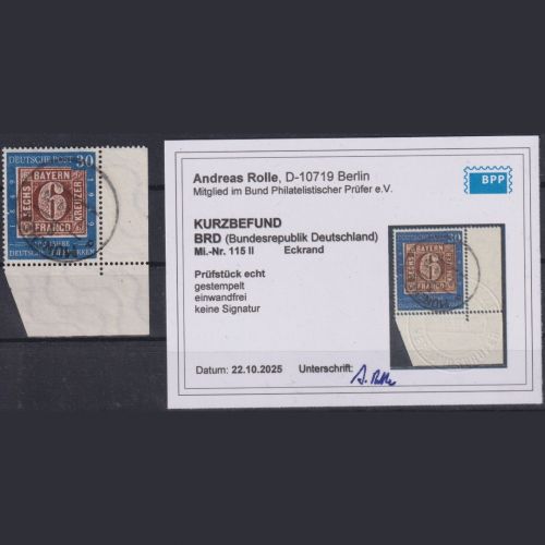 Bund Nr. 115 PLF II Plattenfehler Eckrand Ecke gestempelt, geprüft Rolle BPP