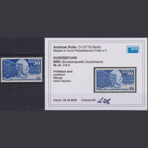 Bund Michel Nr. 116 PLF X Plattenfehler postfrisch, geprüft Rolle BPP