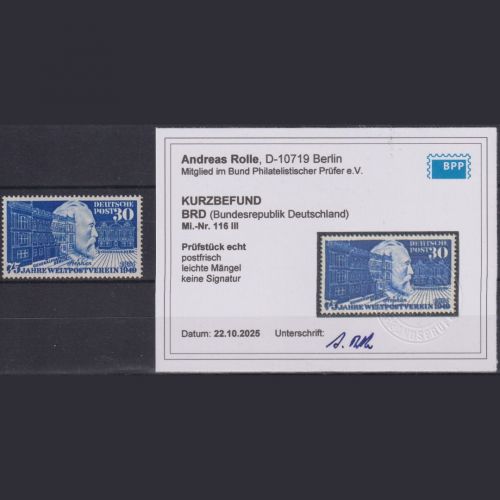 Bund Michel Nr. 116 PLF III Plattenfehler postfrisch, geprüft Rolle BPP