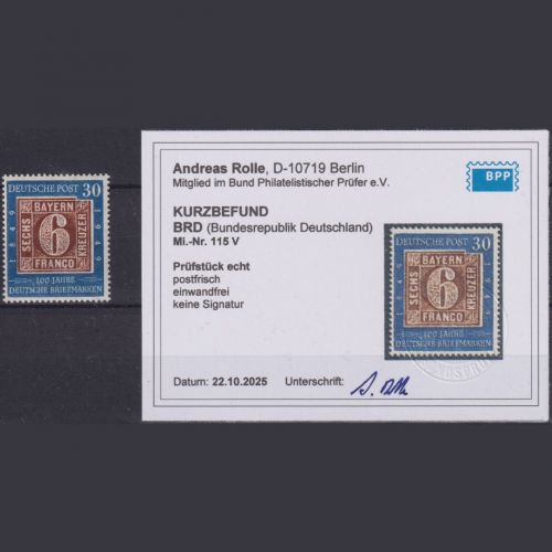 Bund Michel Nr. 115 PLF V Plattenfehler postfrisch, geprüft Rolle BPP