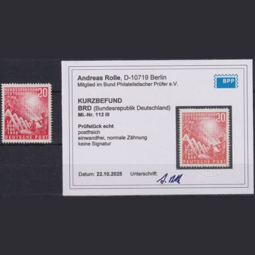 Bund Michel Nr. 112 PLF III Plattenfehler postfrisch, geprüft Rolle BPP