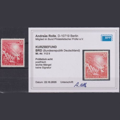 Bund Michel Nr. 112 PLF II Plattenfehler postfrisch, geprüft Rolle BPP