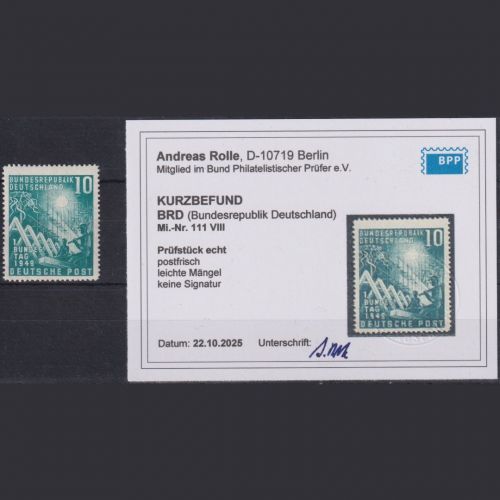 Bund Michel Nr. 111 PLF VIII Plattenfehler postfrisch, geprüft Rolle BPP