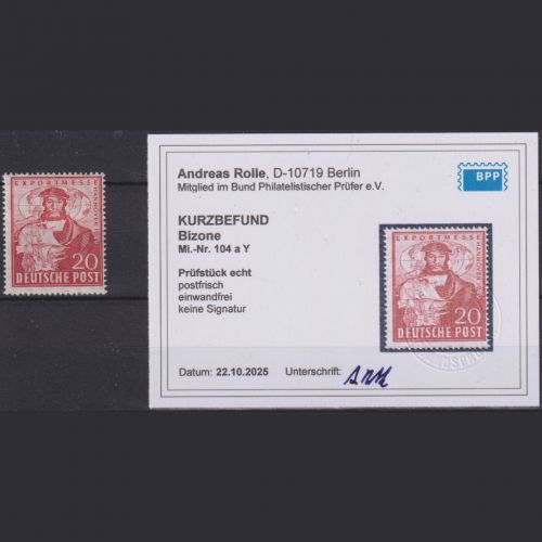 Bizone, Michel Nr. 104a Y liegendes WZ postfrisch, geprüft Rolle BPP