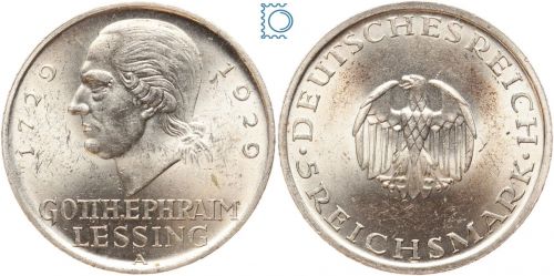 Weimar 5 Mark 1929 A, Gotthold Ephraim Lessing, J.336, Silber