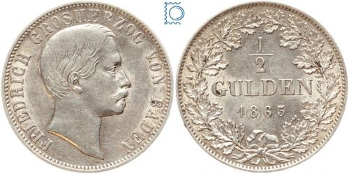 BADEN ½ Gulden 1865, Friedrich I. (1852–1907), J.75b
