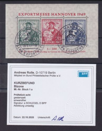 Bizone Block 1 gestempelt SST Exportmesse - geprüft Fotobefund Rolle BPP
