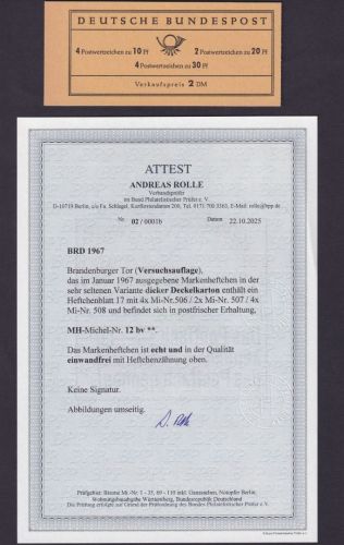 Bund Markenheftchen MH 12 bv RLV III postfrisch, Attest Rolle BPP, KW 3.000 €!