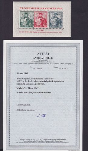 Bizone, Block 1 b postfrisch, geprüft Attest Rolle BPP - Exportmesse Hannover